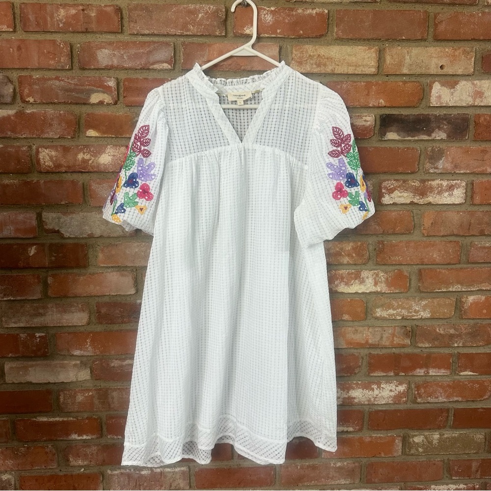 Umgee White Mini Dress with Colorful Floral Sleeves